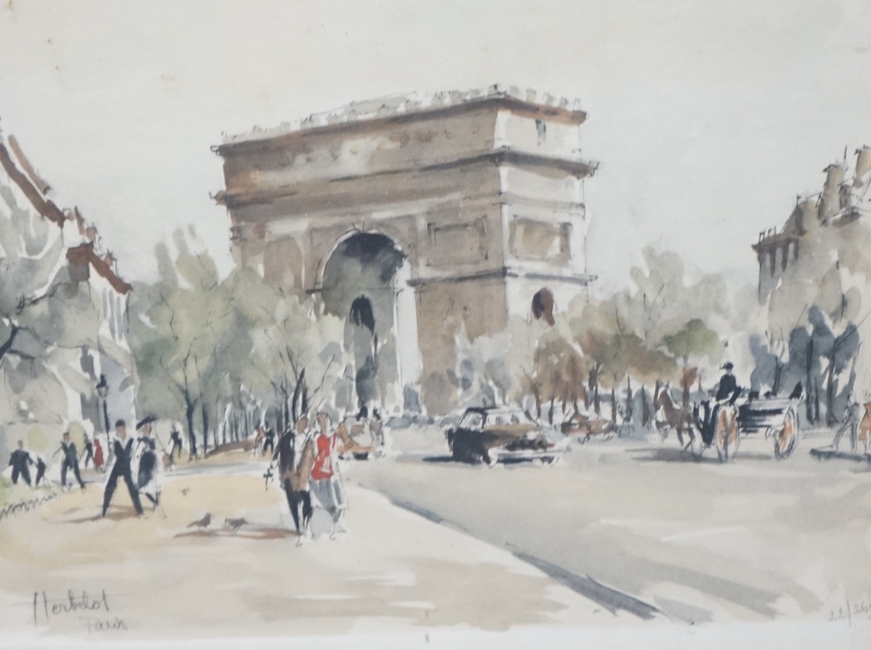 Franz Herbelot, (French, 20th. C), colour lithograph, Parisian street scene, L'Arc de Triomphe, limited edition 22/269, 22 x 26cm. Condition - fair